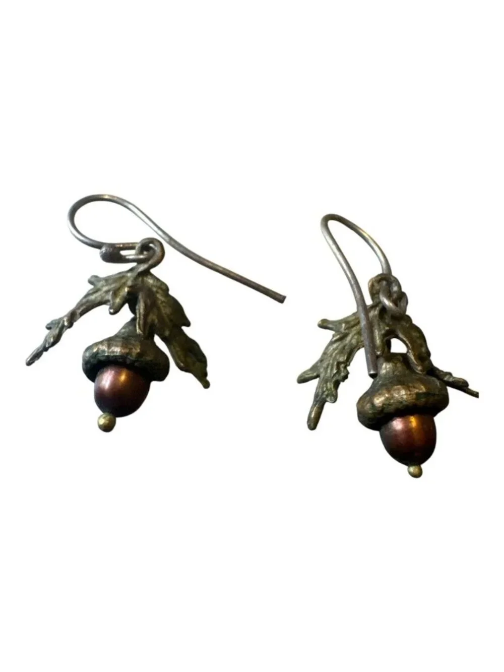 Antique Bronze Acorn Drop Earrings With Oak Leaf Details & Brown Beads Nature-In